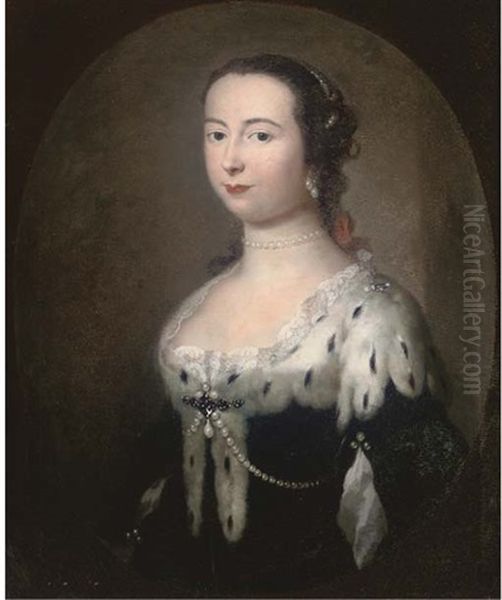 Portrait Of A Lady, Bust-length, In A Black Velvet Dress With Ermine Trim And Pearl Jewellery, Feigned Oval Oil Painting by Herman van der Myn