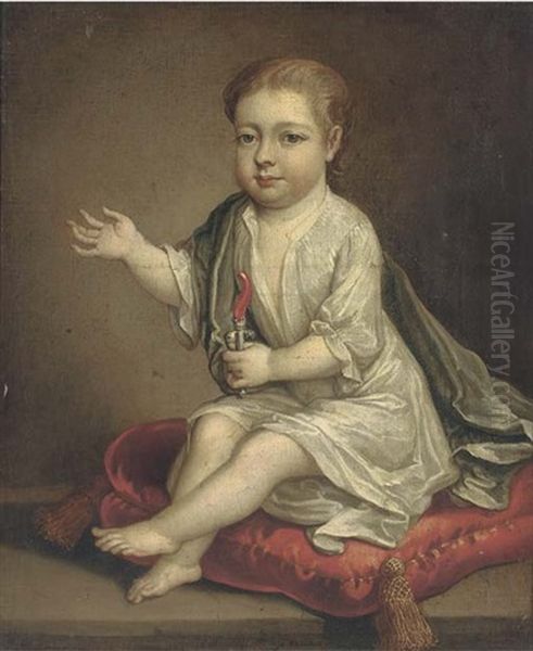 Portrait Of A Child, Seated On A Red Cushion Holding A Silver And Coral Rattle Oil Painting by Herman van der Myn