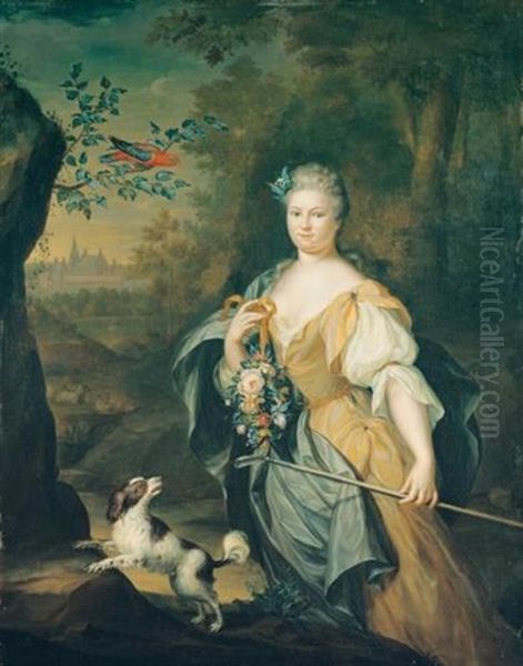 Portrait Of A Lady, Three-quarter Length, Standing In A Wooded Landscape With A Spaniel And A Perroquet In A Tree Nearby Oil Painting by Herman van der Myn