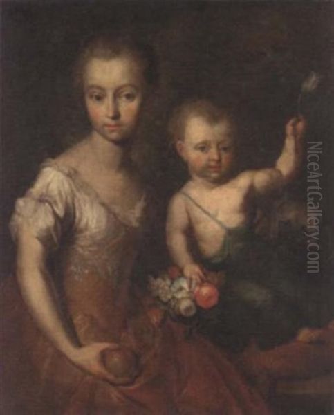 Double Portrait Of A Girl And A Boy, She In A Yellow Embroidered Dress, Holding An Apple In Her Right Hand, He Holding A Tulip On His Hand Oil Painting by Herman van der Myn