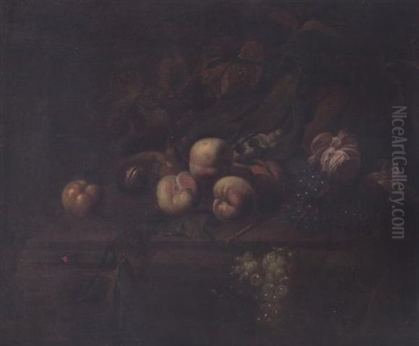 Peaches, Figs, Grapes, Vine Leaves And Roses On A Ledge Oil Painting by Herman van der Myn