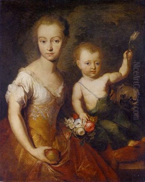 Double Portrait Of A Girl And A Boy, She In A Yellow Embroidered Dress, Holding An Apple, He Seated On A Cushion, Holding A Tulip, With A Pug Oil Painting by Herman van der Myn