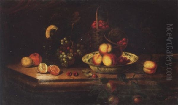 Peaches And Cherries In A Wan-li Kraak Bowl With Grapes, Lemons, Cherries, Baskets Of Strawberries And A Wine Glass On A Ledge Oil Painting by Herman van der Myn