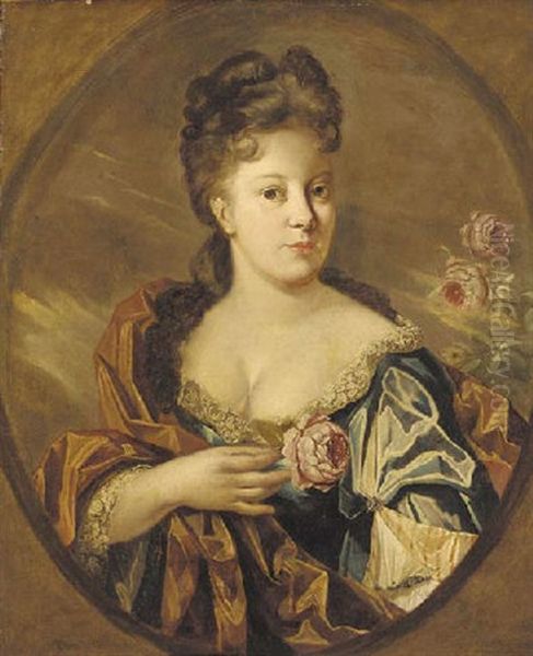 Portrait Of A Lady, Half Length, In A Blue Dress Trimmed With Lace And An Orange Wrap, Holding A Rose Oil Painting by Herman van der Myn