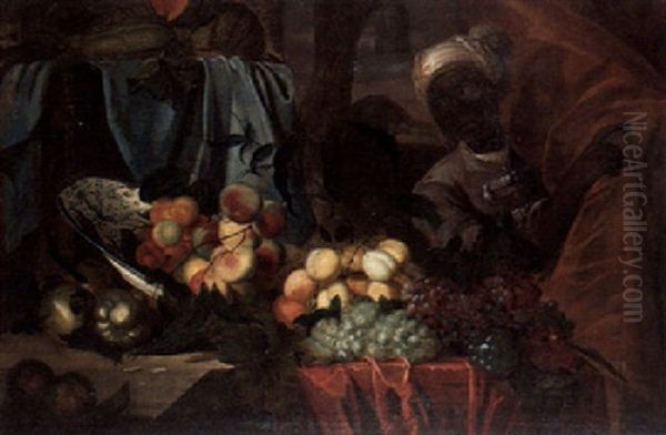 A Still Life Of Fruit, An Up-turned Porcelain Bowl And A Chest, With A Negro Page Appearing From Behind A Draped Curtain Oil Painting by Herman van der Myn