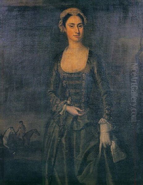 Portrait Of Miss Grace Catlin Of.....abbey, Chillesford, Suffolk, Wearing Green Riding Dress, White Kid Gloves, Holding A Whip Oil Painting by Herman van der Myn