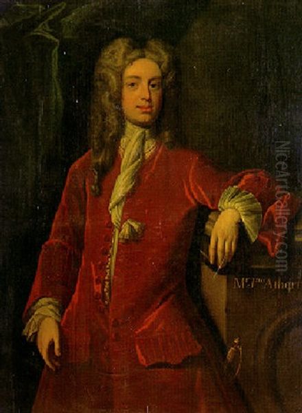 Portrait Of Mr. Jonothan Atherton, Wearing A Red Velvet Coat Oil Painting by Herman van der Myn