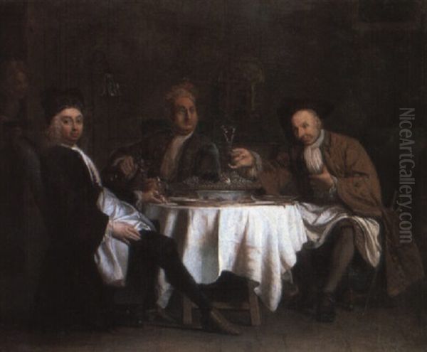 Three Gentleman Seated At A Table About About To Commence A Meal Oil Painting by Herman van der Myn