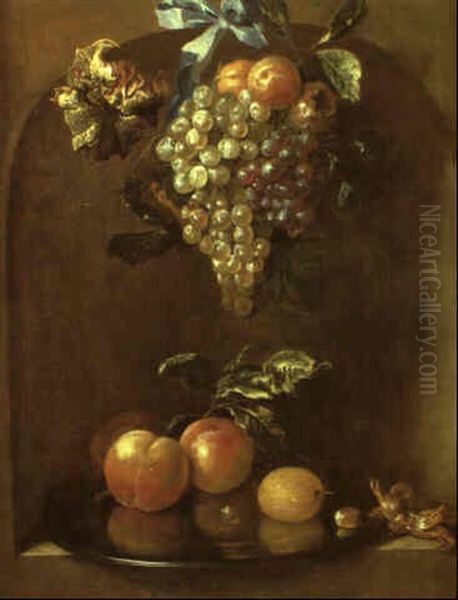 Still Life With Garland Of Grapes And Other Fruit In A Stone Niche by Herman van der Myn