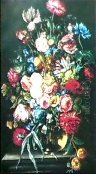 Grosses Blumenbouquet In Gebauchter Glasvase Oil Painting by Herman van der Myn