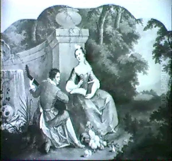 An Overdoor Depicting A Luteplayer Accompanying A Young Girl In Song, In A Parkland Setting Oil Painting by Herman van der Myn