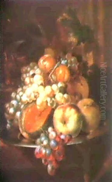 A Still Life Of A Melon, Peaches, Plums And Grapes.... Oil Painting by Herman van der Myn