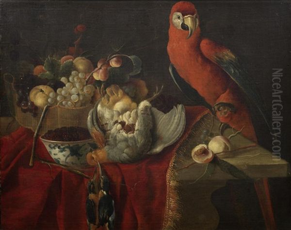 A Scarlet Macaw, Dead Kingfishers And A Partridge On A Table-top With A Basket Of Fruit Oil Painting by Robert Van Der Myn