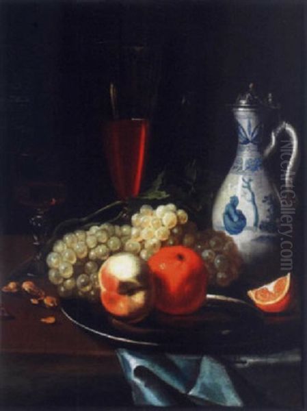 Plateau De Fruits, Pichet Et Verre De Vin Sur Un Entablement Oil Painting by Robert Van Der Myn