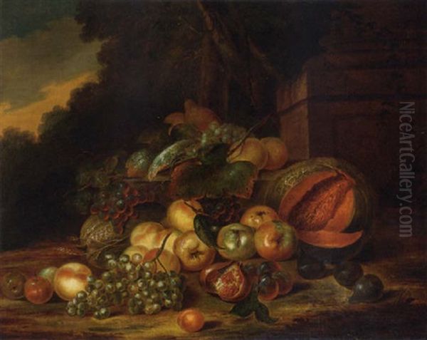 Pears, Apples, Melons, Grapes, Plums, Figs And Pomegranates By A Column In A Garden Oil Painting by Robert Van Der Myn