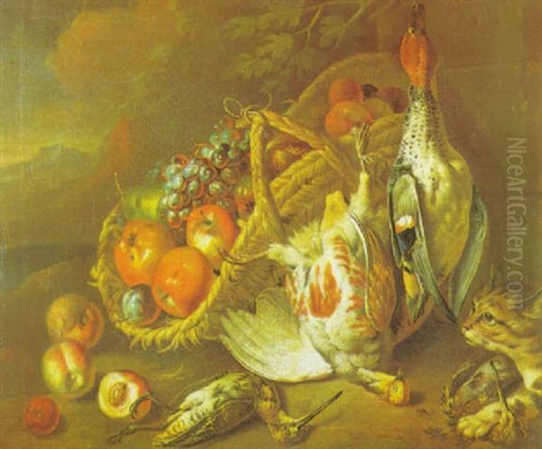 Teal Hanging From A Nail By A Basket Of Grapes, Apples, A   Pear And Plum With A Partridge And Snipe, And A Cat... Oil Painting by Robert Van Der Myn