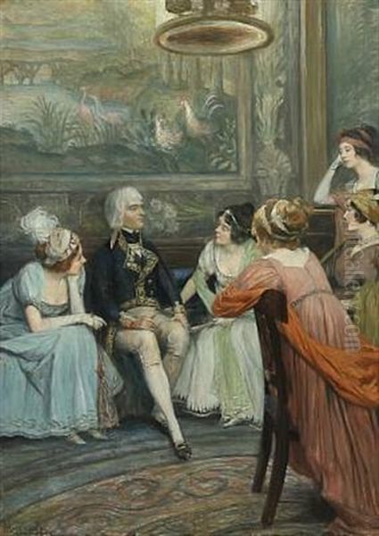 Gentleman Surrounded By Beautiful Women Oil Painting by Felicien de Myrbach-Rheinfeld