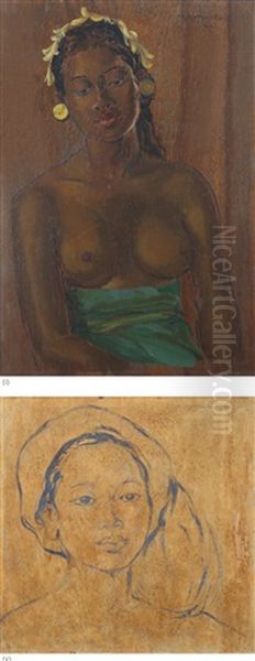 (i) Balinese Woman (ii) Head Of Balinese Woman Oil Painting by Czeslaw Mystkowski