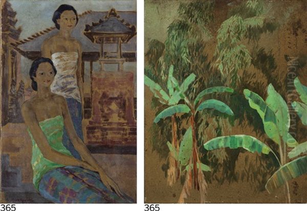 (i) Two Balinese Ladies (ii) Jungle Village Scene Oil Painting by Czeslaw Mystkowski