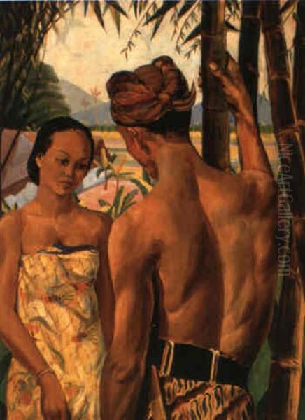 Javanese Couple In A Landscape Oil Painting by Czeslaw Mystkowski