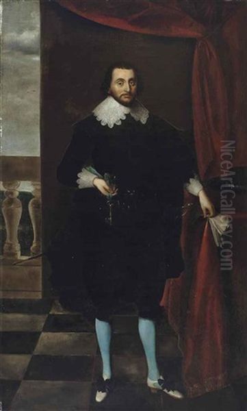 Portrait Of A Gentleman Traditionally Identified As Philip Lord Wharton (1613-1696), Full-length, In A Black Coat And Blue Stockings... Oil Painting by Daniel Mytens the Elder