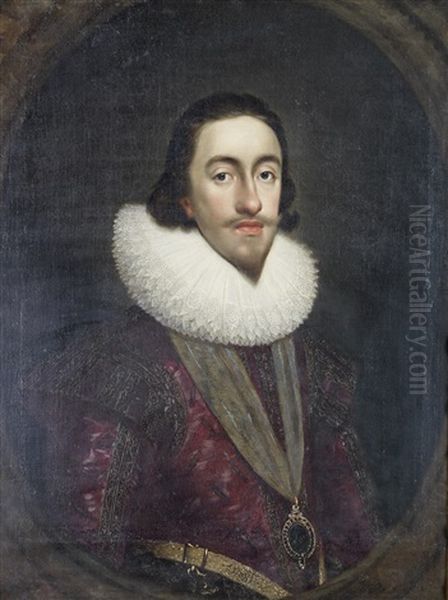 Portrait Of Charles I, Half-length, Wearing The Badge Of The Order Of The Garter, Within A Painted Oval by Daniel Mytens the Elder