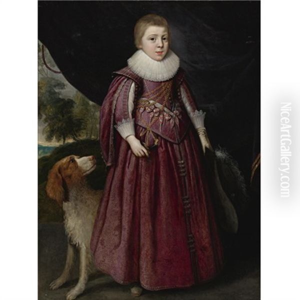 Portrait Of A Young Boy, Standing, In A Maroon Dress And A White Ruff, Holding A Plumed Hat In His Left Hand, With A Spaniel Oil Painting by Daniel Mytens the Elder