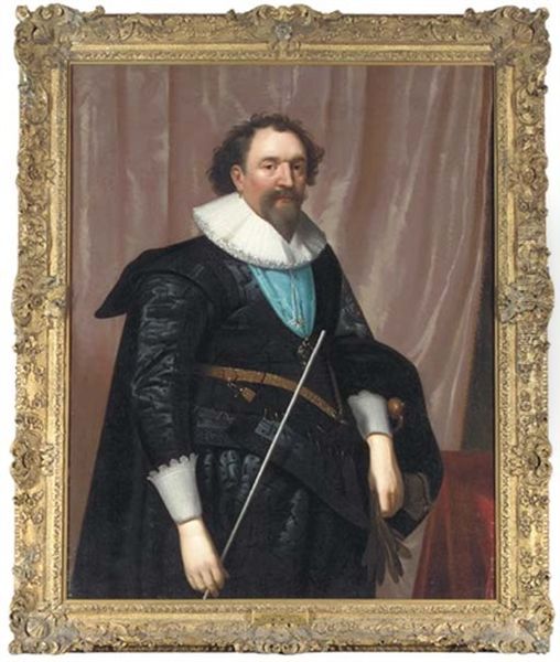 Portrait Of William, 3rd Earl Of Pembroke, Lord Chamberlain To King Charles I And Chancellor Of Oxford University, In A Black Doublet And Hose And A White Ruff, Holding  A Wand Of Office Oil Painting by Daniel Mytens the Elder