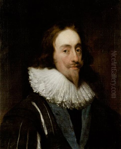 Portrait Of Charles I In A Slashed Dark Blue Tunic, Ruff And The Ribbon Of The Order Of The Garter Oil Painting by Daniel Mytens the Elder