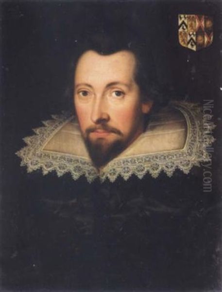 Portrait Of Christopher Cresacre More Wearing A Black Doublet And A White Lace Ruff Oil Painting by Daniel Mytens the Elder