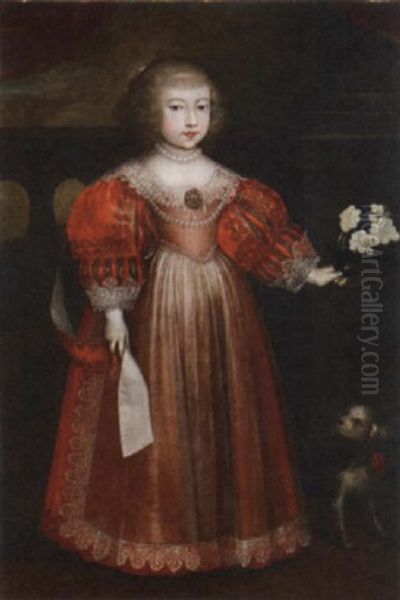 Portrait Of A Girl In A Red Dress And Accompanied By A Dog Oil Painting by Daniel Mytens the Elder