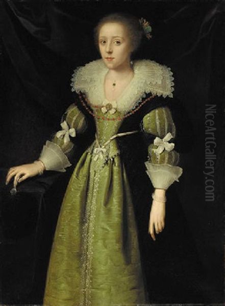 Portrait Of A Lady, Standing In An Embroidered Green Dress With A White Lace Collar And Cuffs Oil Painting by Daniel Mytens the Elder