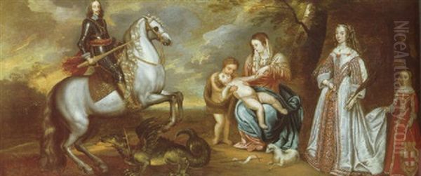 The Madonna And Child Flanked By An Equestrian Portrait Of A Prince And His Wife And Daughter Oil Painting by Daniel Mytens the Elder