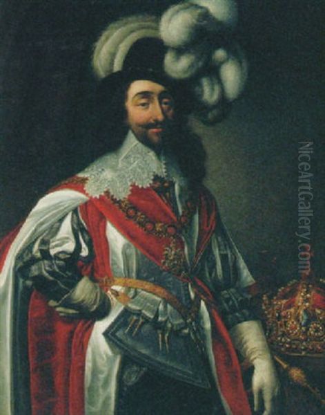 Portrait Of Charles I In A Grey Slashed Tunic And Plumed Hat With A Crown And Orb Beside Him On A Ledge Oil Painting by Daniel Mytens the Elder