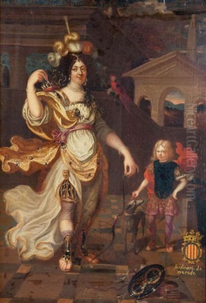 Portrait D'une Dame (anne Francoise-hubertine Carondelet Et De Son Fils (ferdinand De Merode) Devant Des Batiments Classiques Oil Painting by Daniel Mytens the Younger