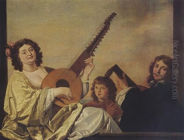 En Elegant Couple Playing A Theorbo-lute And A Lute Together With A Boy Singing Oil Painting by Isaac Mytens