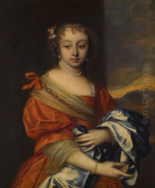 Portrait Of A Girl, Half-length, Wearing Red With A Blue Mantle Oil Painting by Jan Mytens