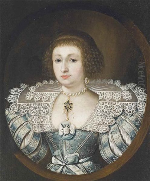 Portrait Of A Lady, Half-length, In A Blue Dress With Slashed Sleeves And A Lace Ruff, In A Feigned Oval Oil Painting by Jan Mytens