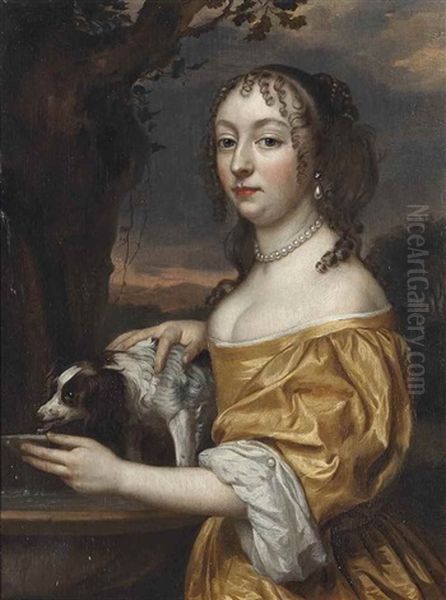 Portrait Of Henriette Catherina Van Oranje-nassau (1637-1708), Small Three-quarter-length, In A Yellow Dress At A Fountain With A Spaniel Oil Painting by Jan Mytens