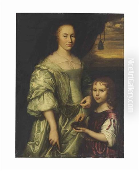 Portrait Of A Lady With A Boy Holding A Bird's Nest Oil Painting by Jan Mytens