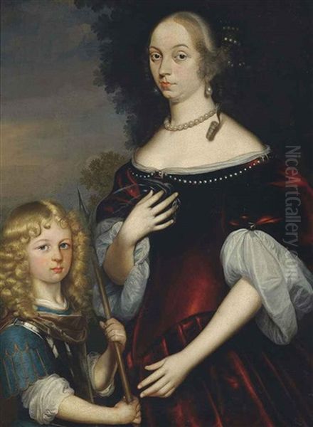 Portrait Of A Lady, Traditionally Identified As Anne Genevieve De Bourbon, In A Crimson Dress And Her Son Dressed As Ares, In A Landscape Oil Painting by Jan Mytens