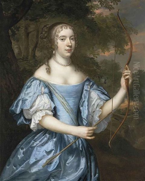 Portrait Of A Lady As Diana, In A Blue Dress With Pearls, Holding A Bow In Her Left Hand And An Arrow In Her Right, In A Landscape Oil Painting by Jan Mytens