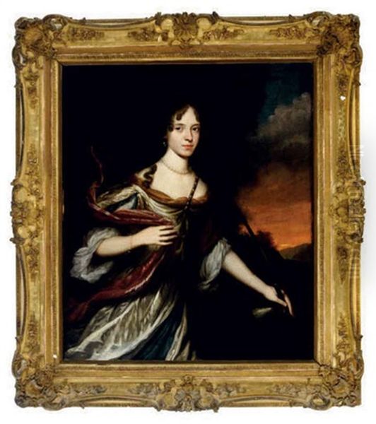 Portrait Of A Lady As Diana Wearing A White And Lavender Satin Dress In A Landscape With A Dog Oil Painting by Jan Mytens