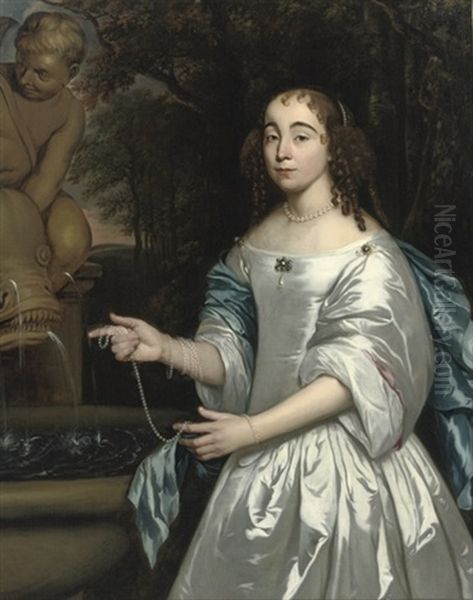 Portrait Of Margaretha De Ruyterthree-quarter-length, In A White Satin Dress With A Blue Wrap, A String Of Pearls In Her Hand, Standing In A Park Landscape Near A Fountain Oil Painting by Jan Mytens