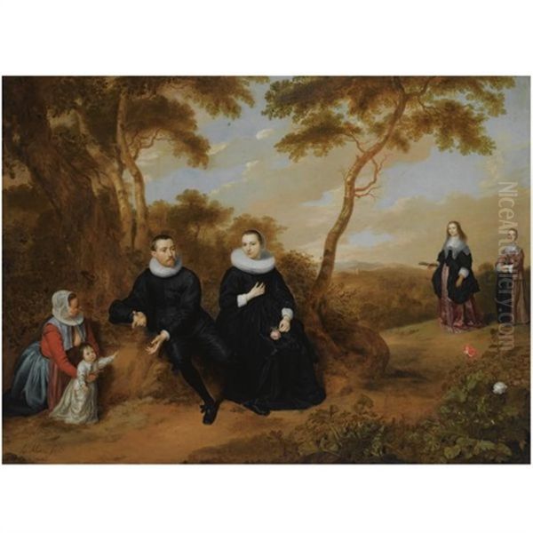 A Portrait Of A Gentleman And His Wife, Their Son And A Wet Nurse, Seated In A Wooded Landscape, Their Daughter And A Maid Approaching On A Path Oil Painting by Jan Mytens