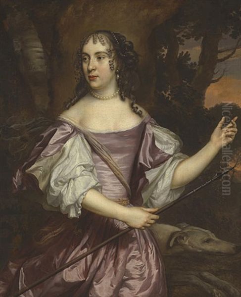 Portrait Of A Lady As Diana Wearing A Lavender And White Satin Dress, Beside A Hound In A Landscape Oil Painting by Jan Mytens