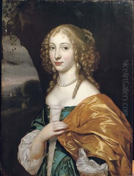 Portrait Of A Young Lady (mlle De La Valleiere, Mistress Of Louis Xiv?) In A Blue Dress With Pearls And An Ochre Wrap, A Landscape Beyond Oil Painting by Jan Mytens