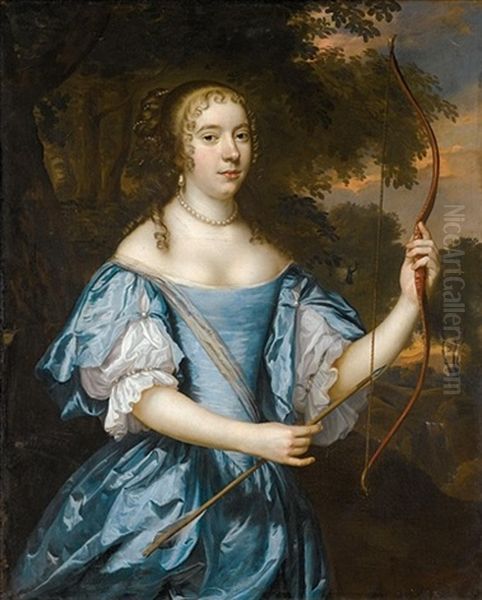 Portrait Of A Lady As Diana, Three-quarter Length, Wearing A Blue Silk Dress And A Pearl Necklace, And Holding A Bow And Arrow Oil Painting by Jan Mytens