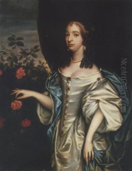 Portrait Of A Lady In A Grey Satin Dress And Pearl Jewels, Beside A Rose Bush Oil Painting by Jan Mytens