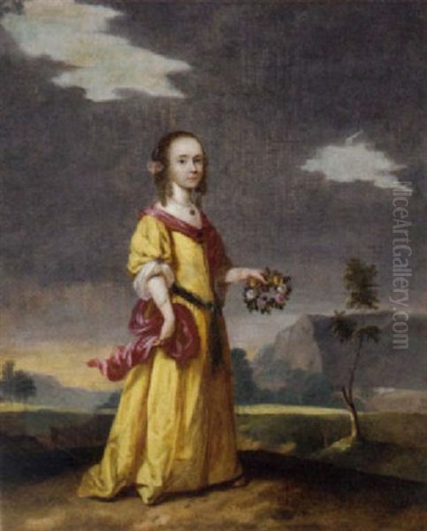 Portrait Of A Girl In A Yellow Dress Holding A Wreath, A Landscape Beyond Oil Painting by Jan Mytens